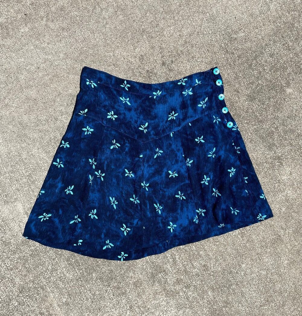 90s Vintage Rayon Mini Skirt | Blue Floral Boho, Size Small
